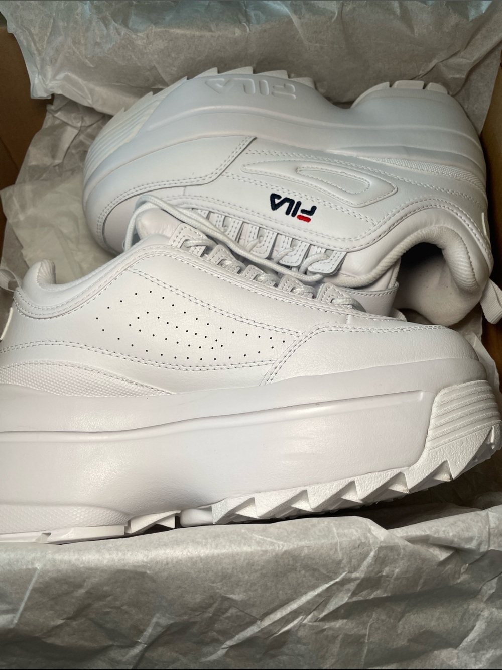 FILA White Chunky Platform Sneakers with Subtle Navy & Red Logo